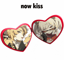 a heart shaped mirror with a picture of two anime girls and the words now kiss
