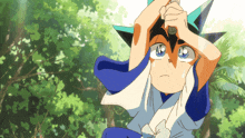 a boy with blue eyes is holding a sword in his hands