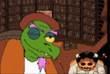 a cartoon character with a green face and a pink tie