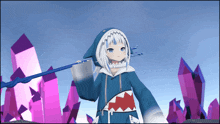 a girl in a shark costume holding a trident in front of purple crystals