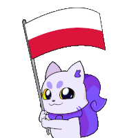a white and purple cat holding a red and white flag