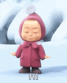 a cartoon character in a pink coat and hat is saying hi