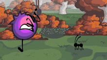 a cartoon drawing of a purple ball shooting a laser at a spider