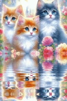 a painting of three kittens sitting in a pond with flowers