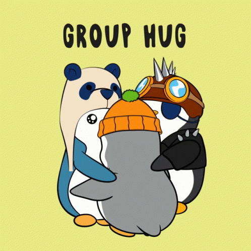 GIF: cartoon animals hugging with animated words above "group hug"