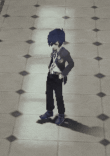 a pixelated image of a person standing on a tile floor