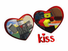 a red heart with a picture of a robot and the word kiss on it