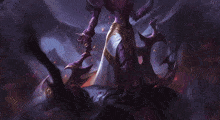 a painting of a demon holding a sword in a dark room