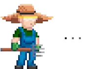 a pixel art illustration of a farmer holding a pitchfork next to the words soon