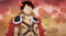 a cartoon of a man with horns and a straw hat says ' one piece ' on the bottom right