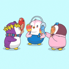 three penguins are standing next to each other with one wearing a lei