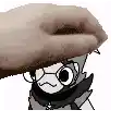 a cartoon character with glasses and a hat is being held over his head by a hand .