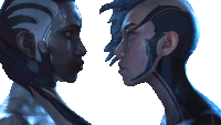 a man and a woman are kissing with their faces painted different colors