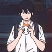 a cartoon of a boy with a backpack and a bow tie