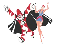 a drawing of a clown and a woman dancing together