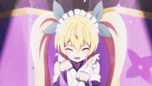 a cartoon girl with blonde hair and blue ears is sitting in a purple chair