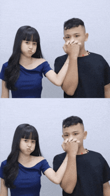 a boy and a girl are posing for a picture and the girl is making a face