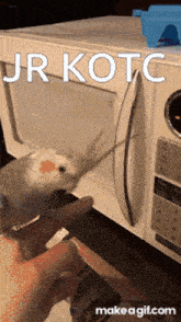 a person is holding a bird in front of a microwave that says jr kotc on it