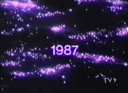 a purple and black background with the year 1987 written on it