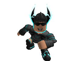 a roblox character wearing sunglasses and horns is running