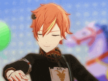 a boy with red hair and a shirt that says nb on it