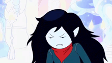 a cartoon character with long black hair and a scarf around her neck is making a funny face .