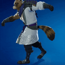 a fox with a purple scarf around his neck is wearing a white coat