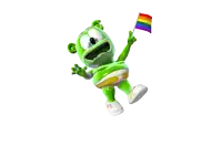 a gummy bear holding a rainbow flag in his hand