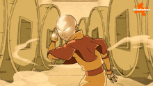a cartoon character from nickelodeon is standing in front of a wall of barrels