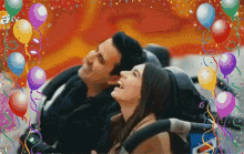 a man and a woman are riding a roller coaster with balloons and confetti around them