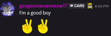a screenshot of a chat with the name googomeowmeow17 and the time of 4:54 pm