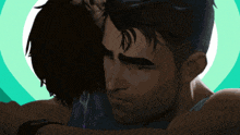 a man and a woman hugging with a green background
