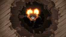 a cartoon character flying through a hole in a wall