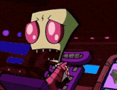 a close up of a cartoon character with pink eyes and purple teeth