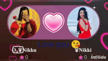 a picture of two women with hearts and the words love you on the bottom