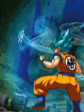 a cartoon of a man with a chinese symbol on his back jumping in the air
