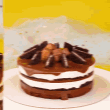 a chocolate cake with oreos on top is on a white plate .