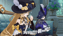 two anime characters are sitting on a couch and one of them is drinking from a cup with ayalu written on it