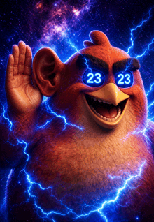 an angry bird wearing a pair of glasses with the number 23 on them