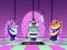 three cartoon characters standing next to each other with oggy written on a rug