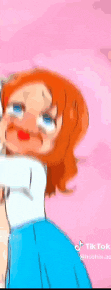 a cartoon girl with red hair and blue eyes is holding a man 's arm .