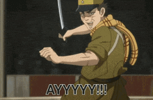 a man in a hat is holding a sword and says ayyyyy