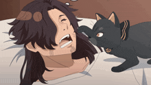 a cartoon of a man laying in bed with a cat