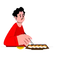 a cartoon of a man eating sushi with a speech bubble saying zepp sushi
