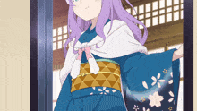 a girl with purple hair and a blue kimono