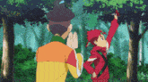 a boy in a red jacket is standing next to a boy in a yellow and orange jacket