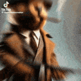 a cat wearing a suit and tie is dancing .