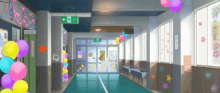 a hallway in a school with balloons and flowers on the wall