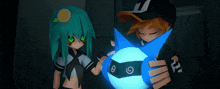 a boy and a girl are standing next to each other holding a glowing object