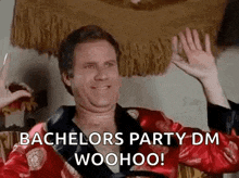 a man in a robe is waving his hands in the air and saying bachelors party dm woohoo !